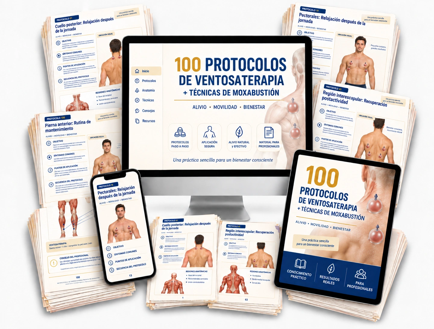 Todo lo incluido: el manual de 100 protocolos de terapia de ventosas, versiones móvil y tablet, y los 4 bonos